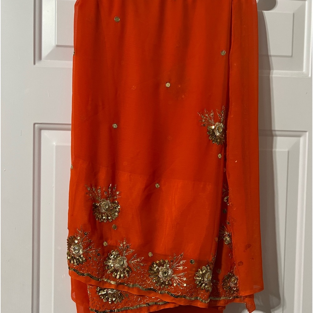 Orange and gold glitter Indian Saree